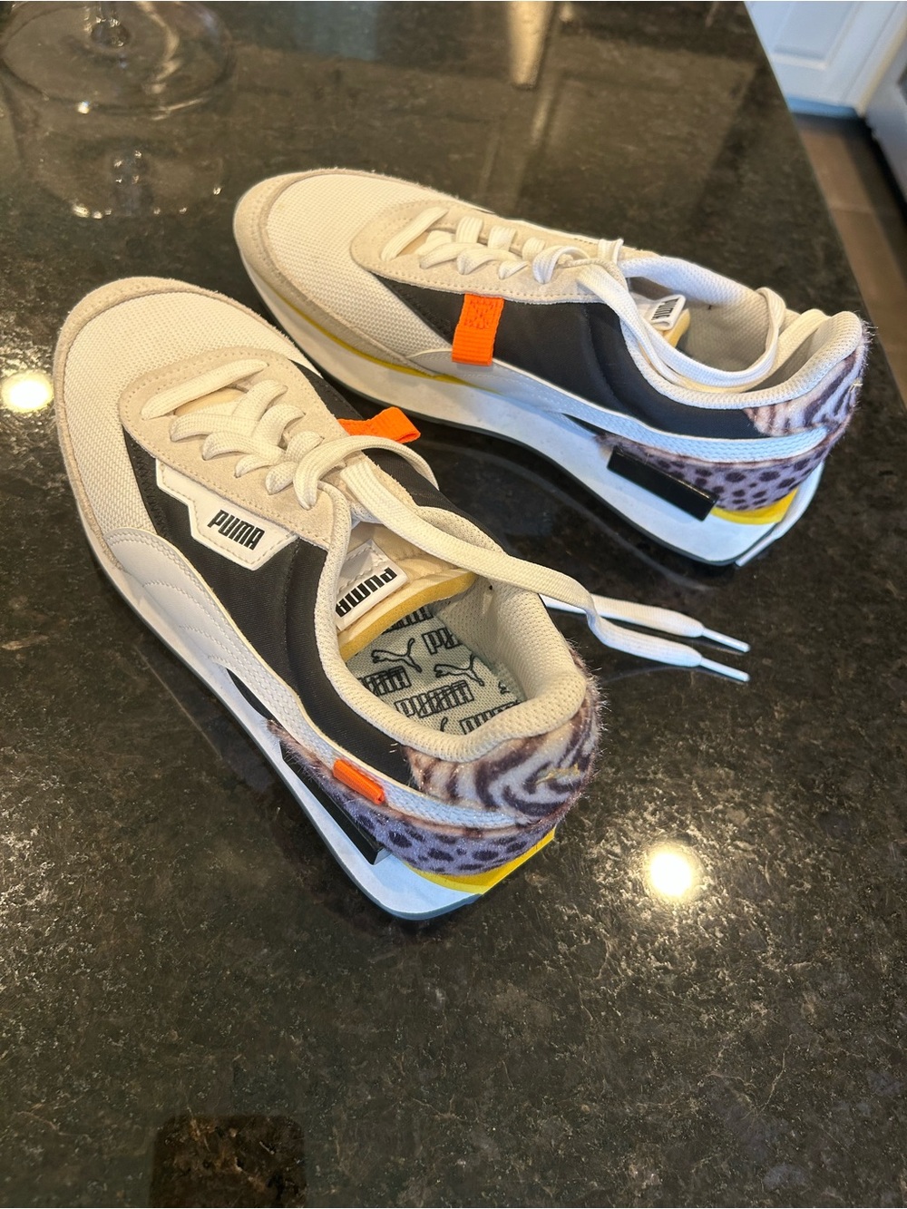 Puma Women’s White, Cream, Black & Yellow Sneakers with Animal-Print Heel. NWOT